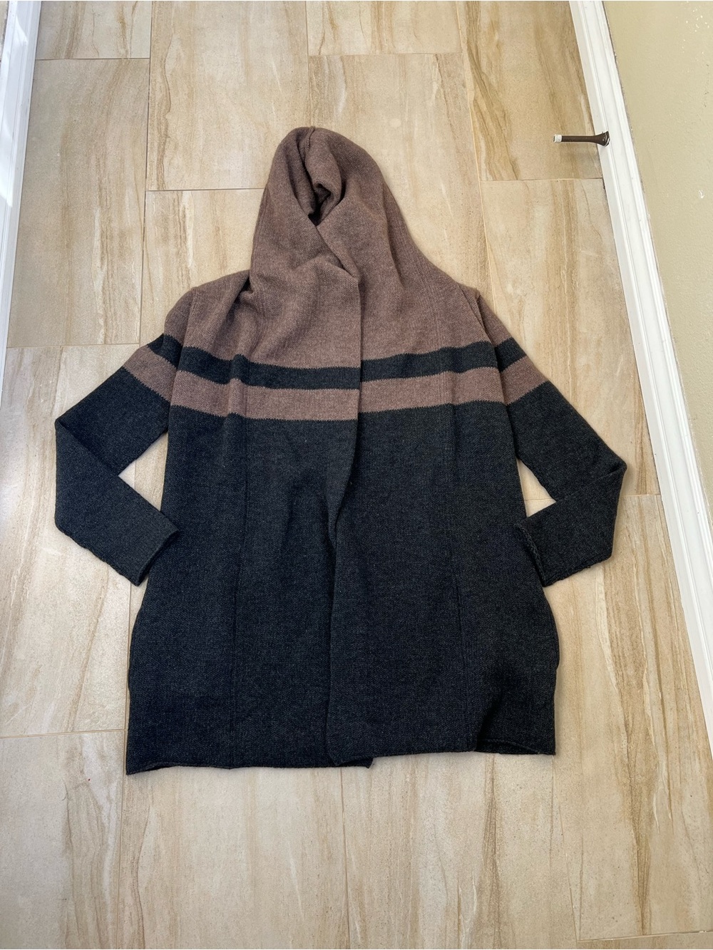 Vince Hooded Colorblock Sweater Cardigan Coat in Brown & Charcoal